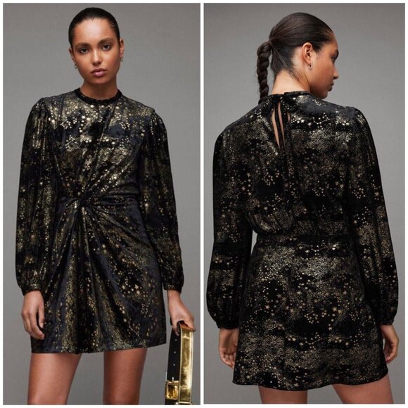 AllSaints Jemima Mini Dress Black Gold Star Velvet Knot Front Holiday Party NWT - Picture 8 of 9